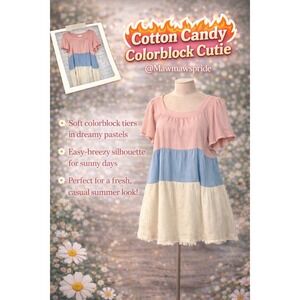 Umgee Pastel Colorblock Tiered Mini Dress Pink Blue Cream Fringe Hem boho Large